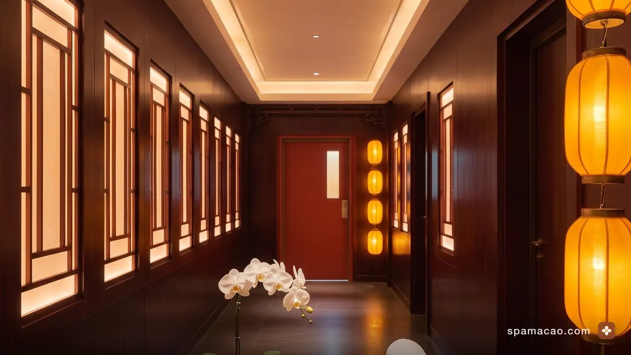 中式格柵長廊掛滿紅燈籠,澳門水療動線的其中一段
