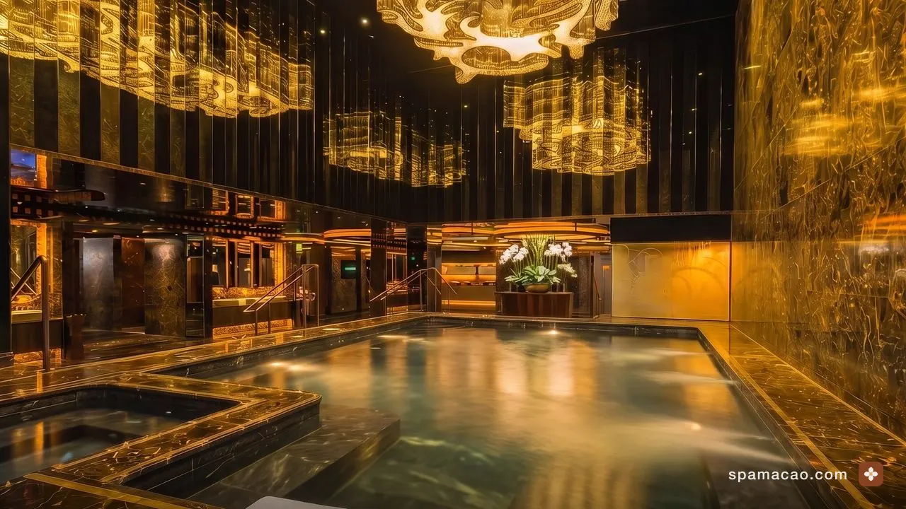澳門桑拿場館的浴池區，水面映著金色吊燈