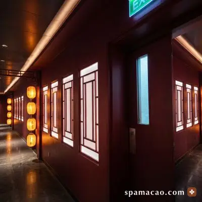八湯御桑拿 — 紅燈籠掛在深色長廊，格窗透光一路引到房間