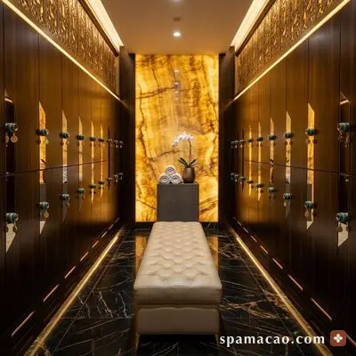 曼濠水療 — 走到底，玉石牆透著暖光，可以先坐一下